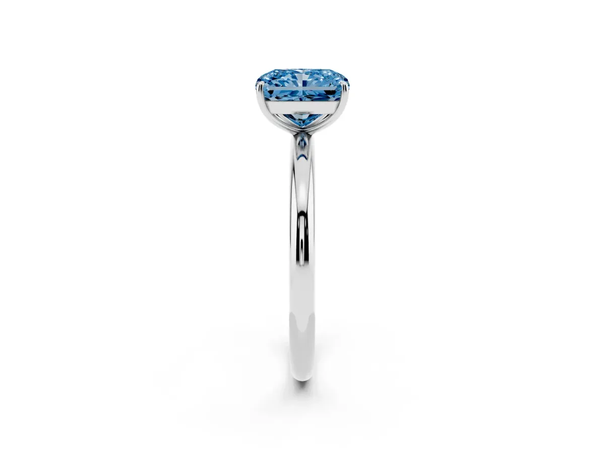 Fancy Blue Radiant Cut Solitaire Diamond Ring with Four-Prong Setting on a Plain Band White gold
