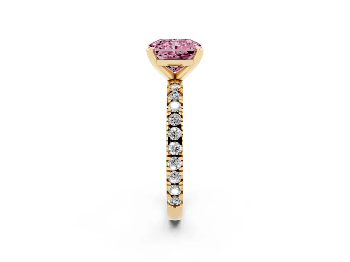 Fancy Pink Radiant Cut Diamond Pavé Band Solitaire with Four-Prong Setting Yellow gold