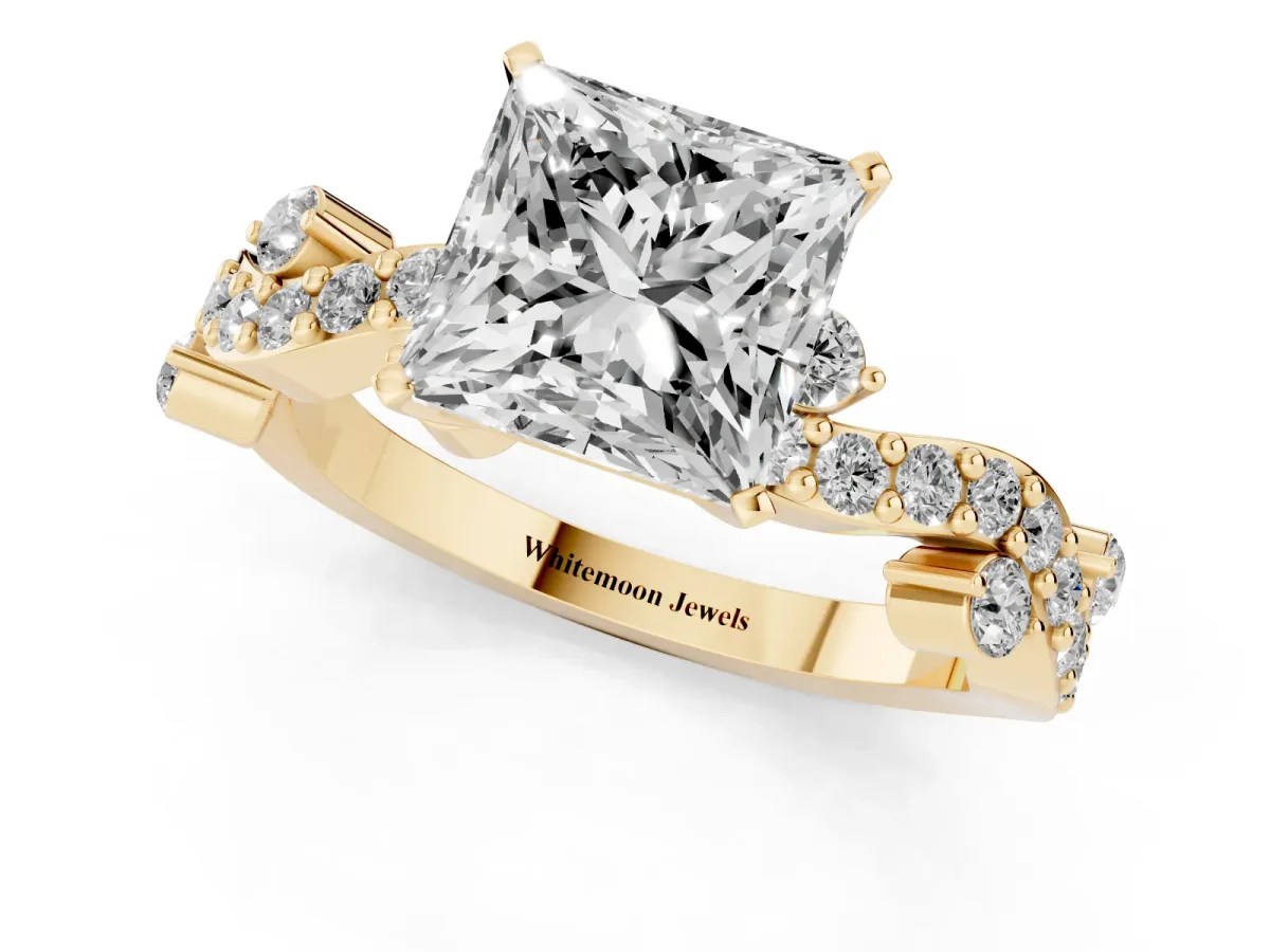Princess Cut Cut Solitaire Diamond Twisted Band with Pave Setting Yellow gold