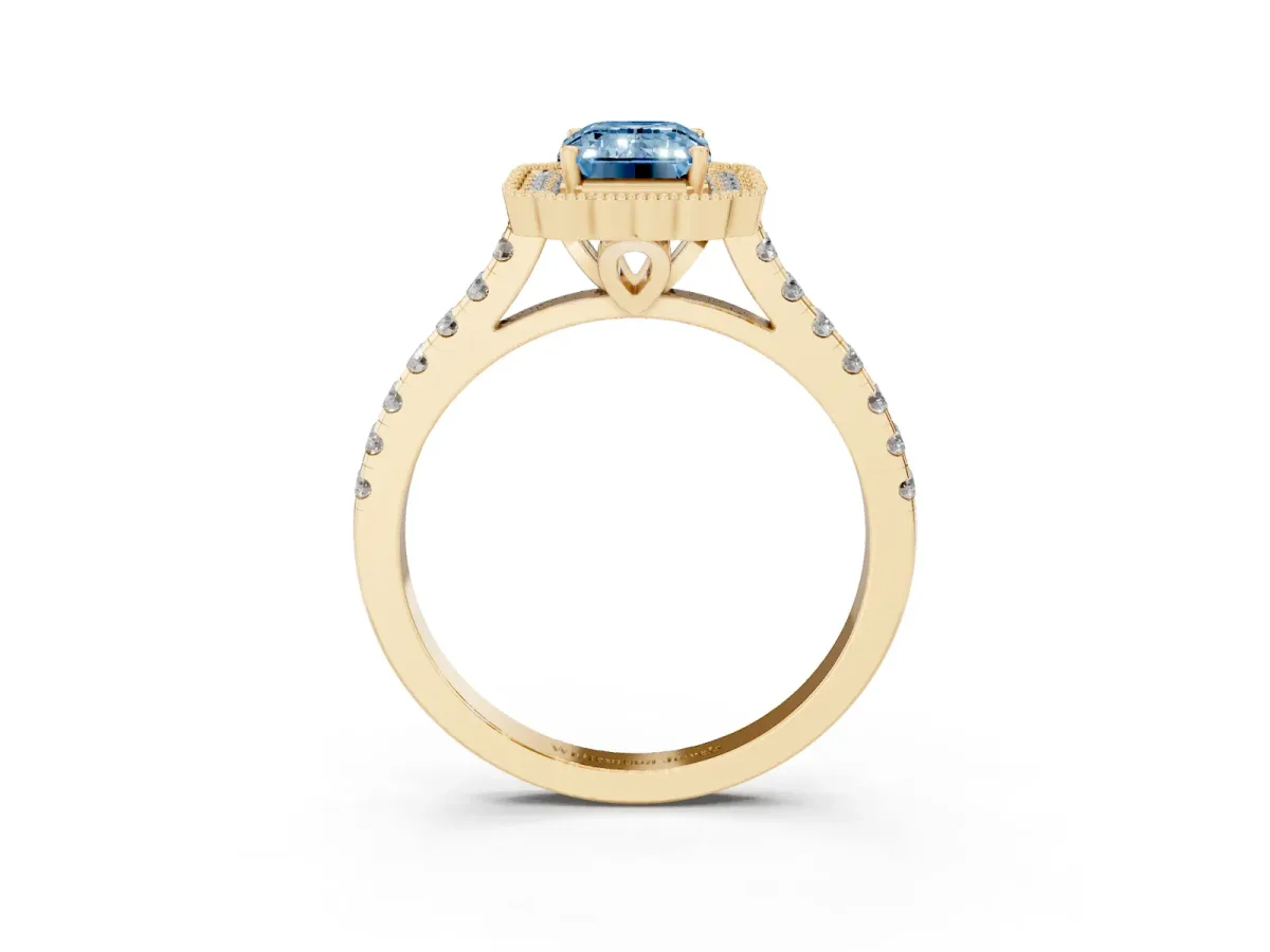 Fancy Blue Emerald Cut Cut Diamond Milgrain Floral Halo Engagement Ring with Pavé Band Yellow gold