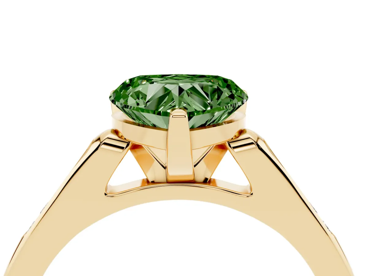 Fancy Green Heart Cut Diamond Solitaire Ring with Channel Set Round Band and Prong Setting Yellow gold