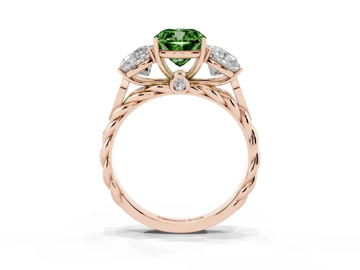 Fancy Green Three-Stone Cushion Cut Diamond Braided Band Ring with Four-Prong Setting Rose gold