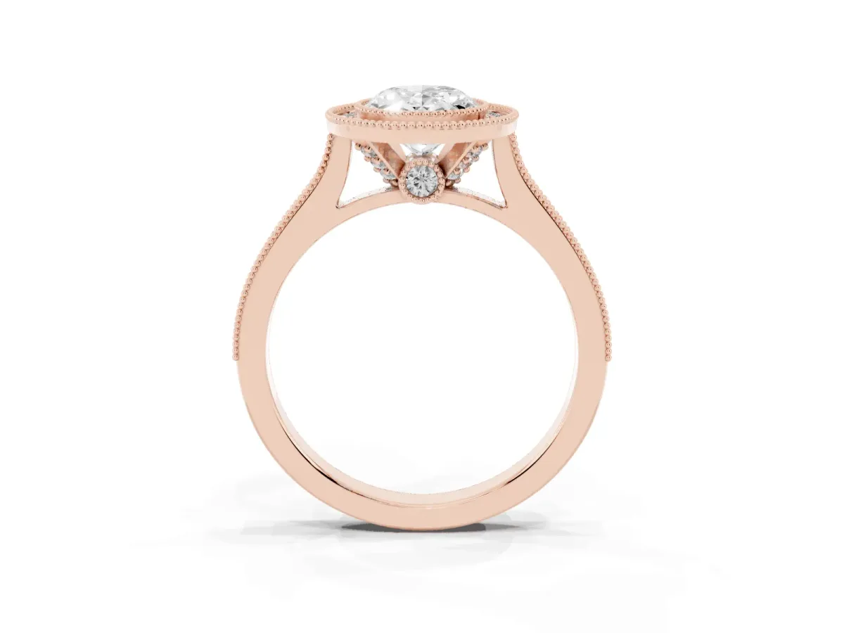 Halo Oval Cut-Cut Diamond Pave Band Milgrain Prong Setting Ring Rose gold