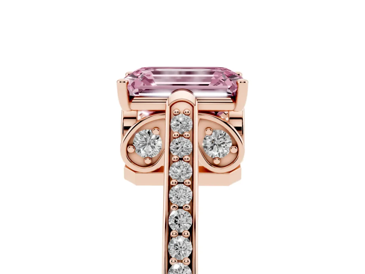 Fancy Pink Emerald Cut Cut Cathedral Pave Diamond Engagement Ring with Six-Prong Setting Rose gold