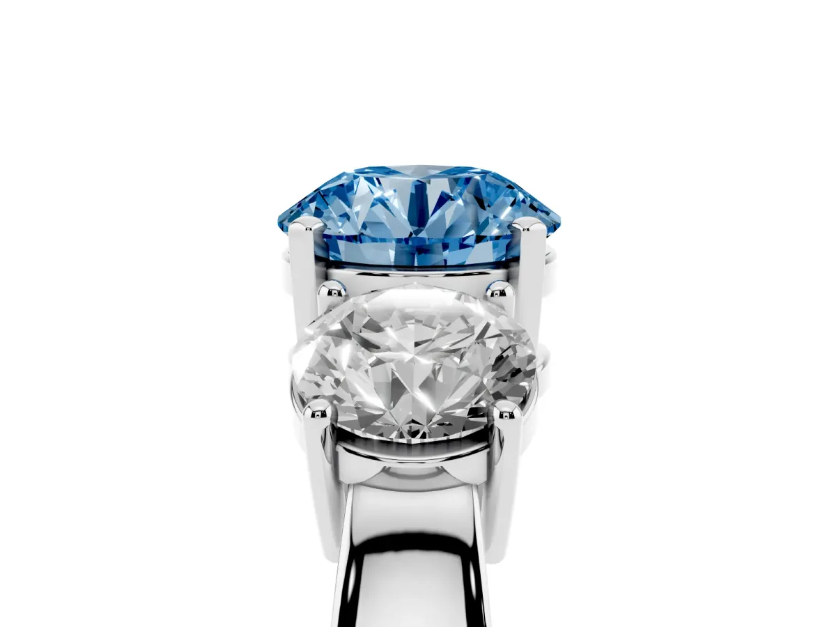 Fancy Blue Three-Stone Round Cut Diamond Ring with Round Side Stones, Classic Band, and Four-Prong Setting White gold