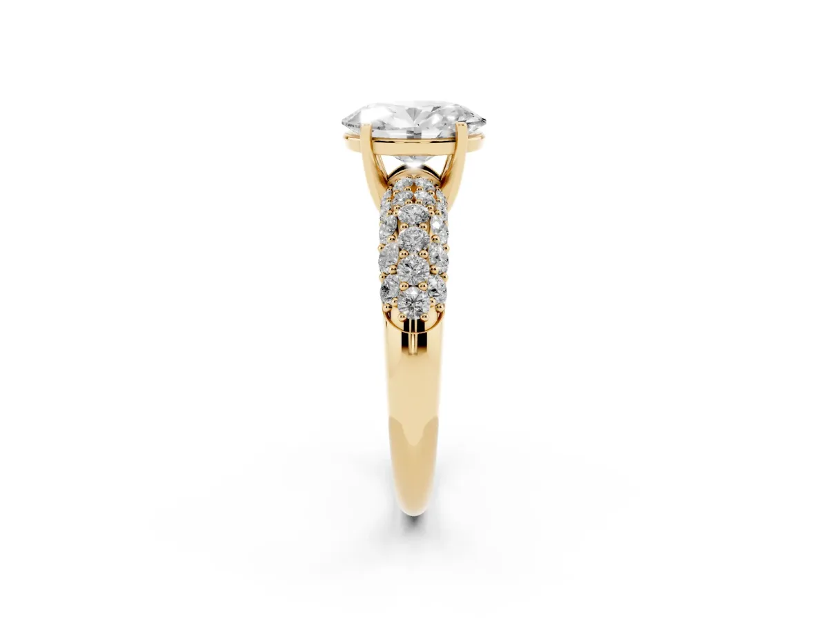 Oval Cut Diamond Pavé Band Solitaire Ring with Four-Prong Setting Yellow gold