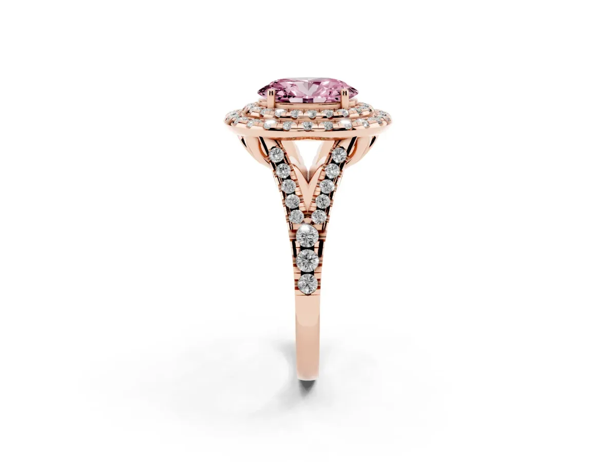 Fancy Pink Double Halo Oval Cut Diamond Pavé Split Shank Ring with Prong Setting Rose gold