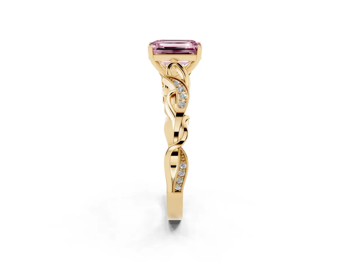 Fancy Pink Emerald Cut Solitaire Vine Band with Milgrain Prong Setting Yellow gold