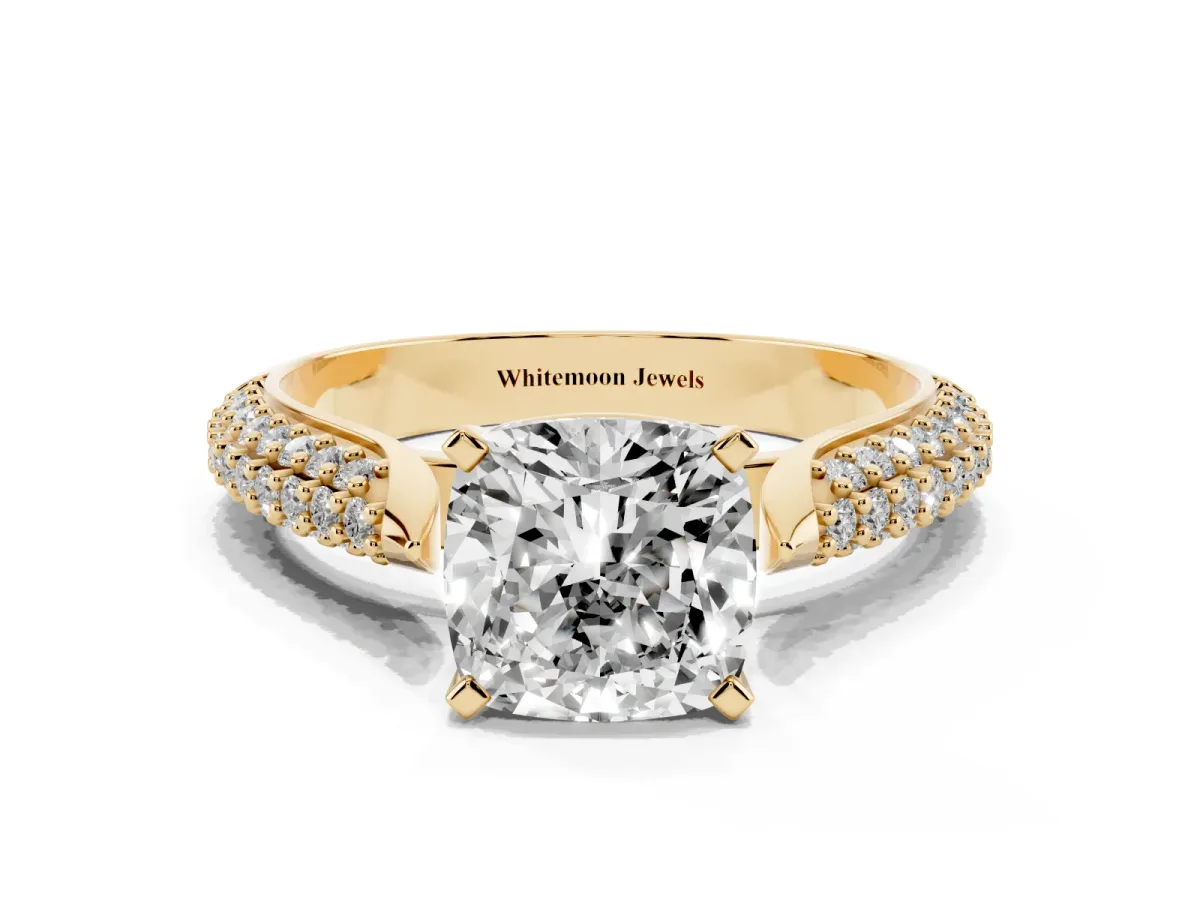Cushion Cut Diamond Solitaire Engagement Ring with Multi-Row Round Pavé Band and Prong Setting Yellow gold