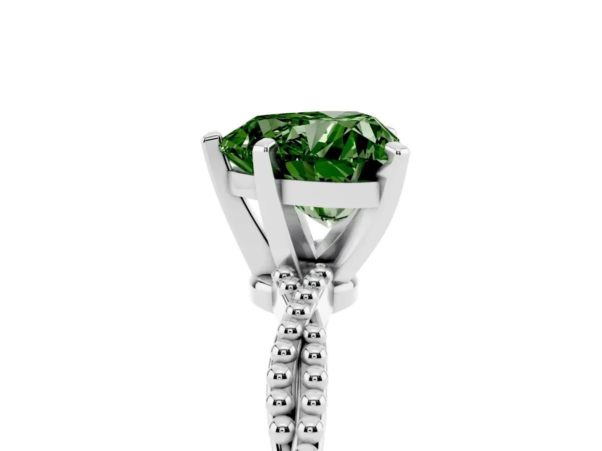 Fancy Green Heart Cut Solitaire Twisted Band with Bead Prong Setting Silver