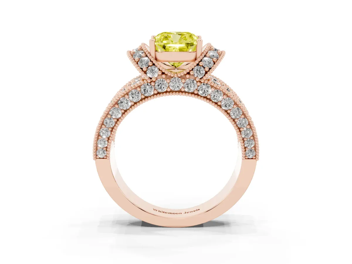 Fancy Yellow Cushion Cut Halo Pave Diamond Engagement Ring with Milgrain Detailing Rose gold