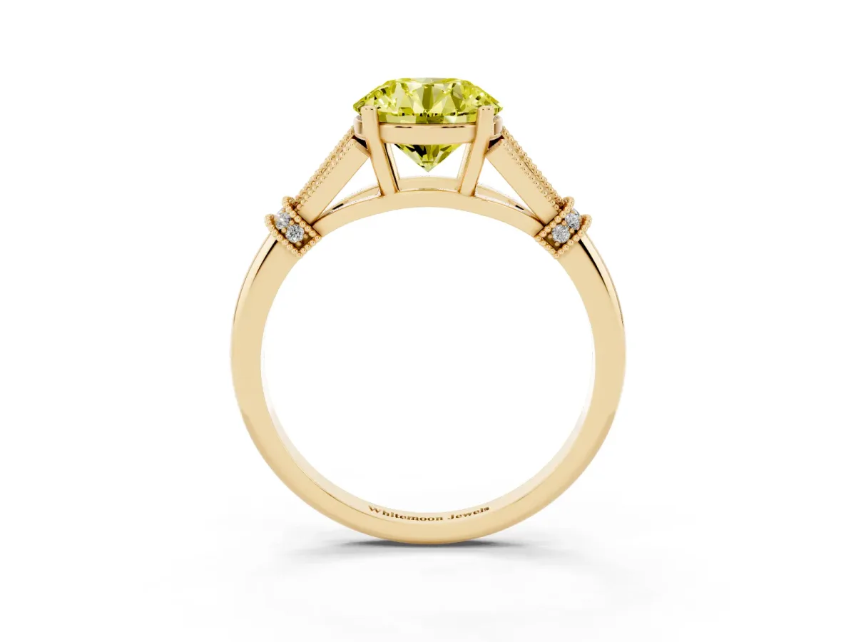 Fancy Yellow Round Cut Diamond Solitaire Ring with Floral Filigree and Pave Accents Yellow gold