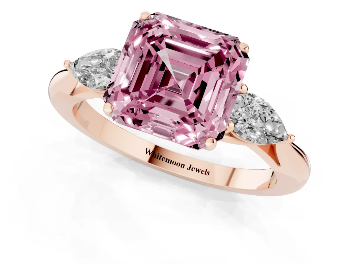 Fancy Pink Asscher Cut Diamond Three-Stone Ring with Pear Side Stones and Prong Setting Rose gold
