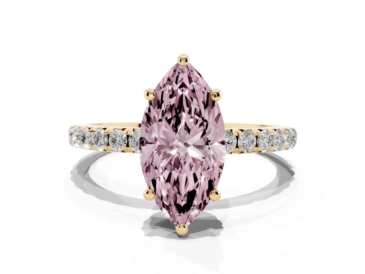 Fancy Pink Marquise Cut Cut Diamond Solitaire Ring with Micro Pave Band and Four Prong Setting Yellow gold