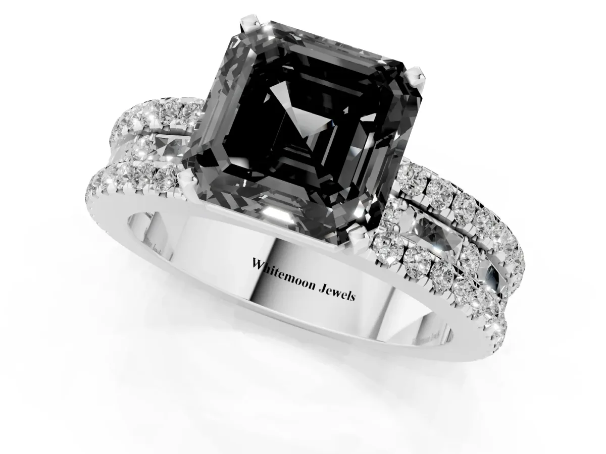 Fancy Black Asscher Cut Diamond Solitaire Ring with Pavé and Channel Set Band Silver