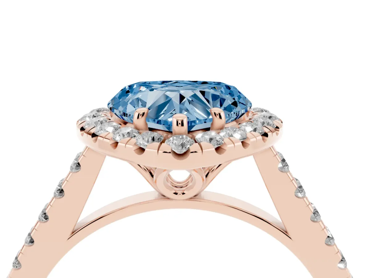 Fancy Blue Heart Cut Halo Pavé Diamond Engagement Ring with Four-Prong Setting Rose gold