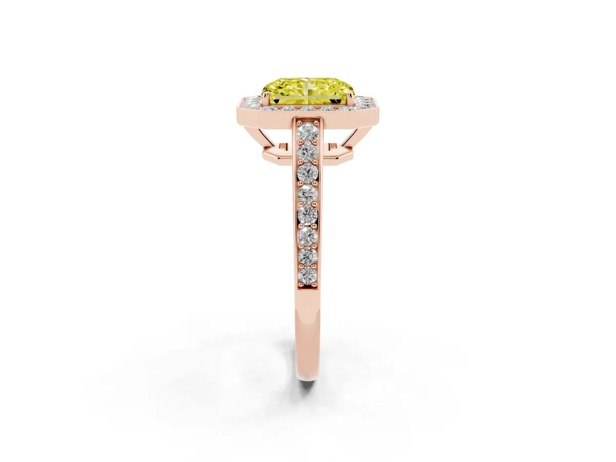 Fancy Yellow Radiant Cut Halo Pavé Diamond Engagement Ring with Bezel Setting Rose gold