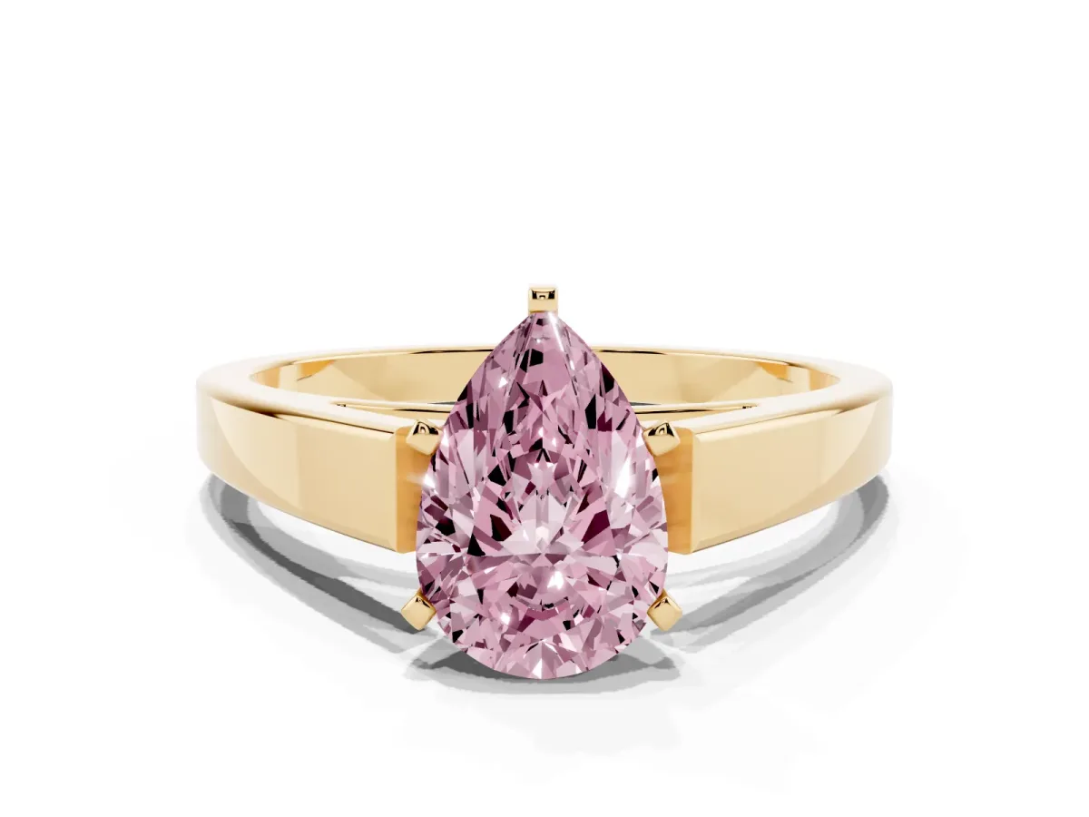 Fancy Pink Pear Cut Solitaire Engagement Ring with Four-Prong Setting and Tapered Band Yellow gold