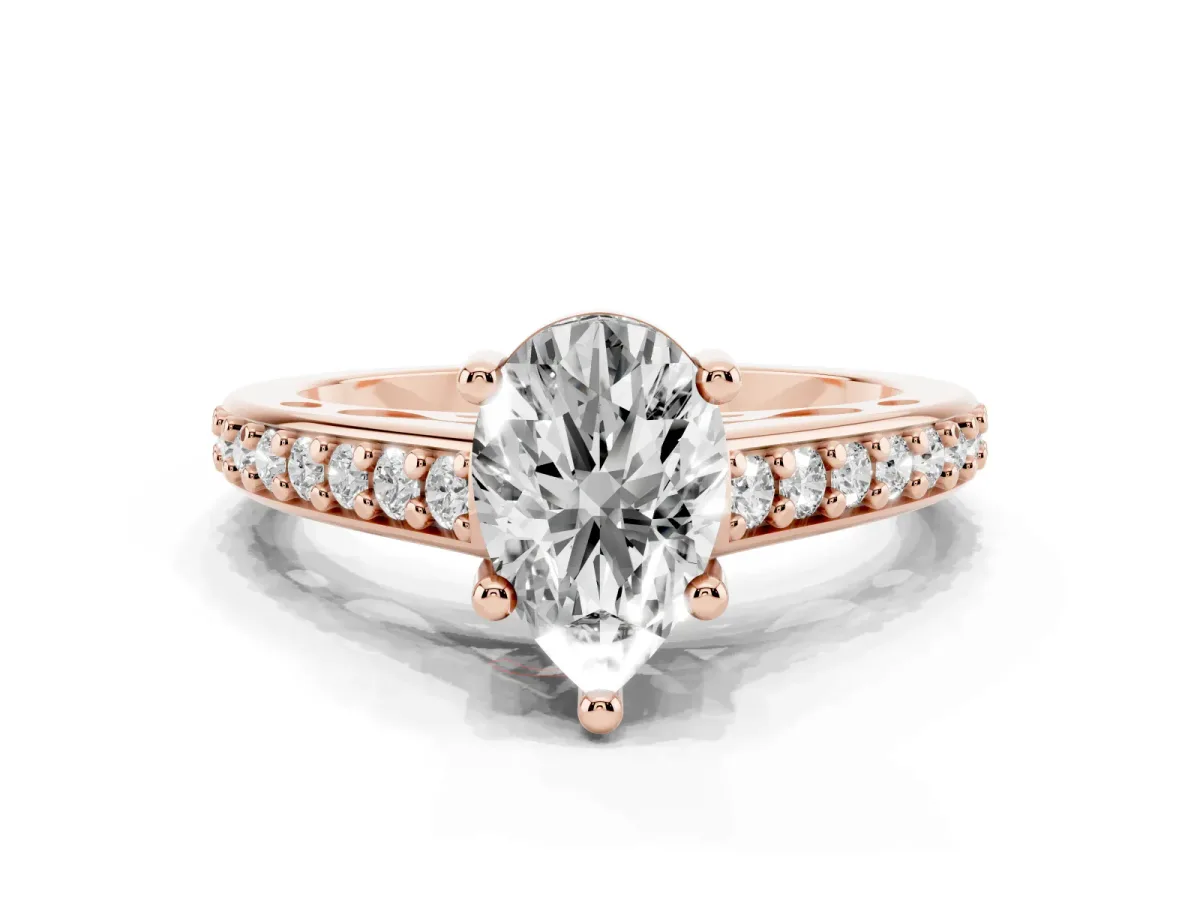 Pear Cut Solitaire Prong Set Diamond Engagement Ring with Pave Band Rose gold