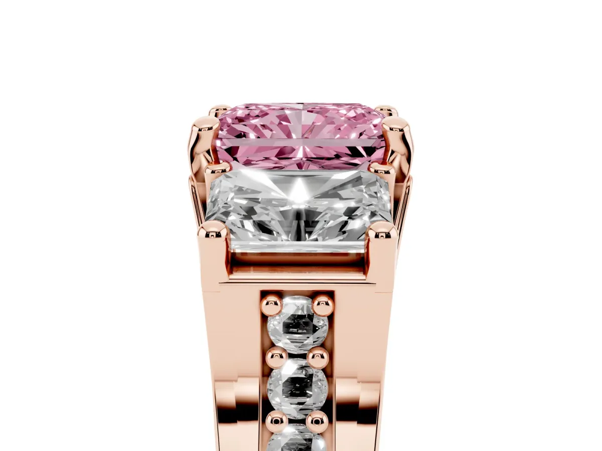 Fancy Pink Radiant Cut Diamond Three-Stone Ring with Channel Set Band and Four-Prong Setting Rose gold