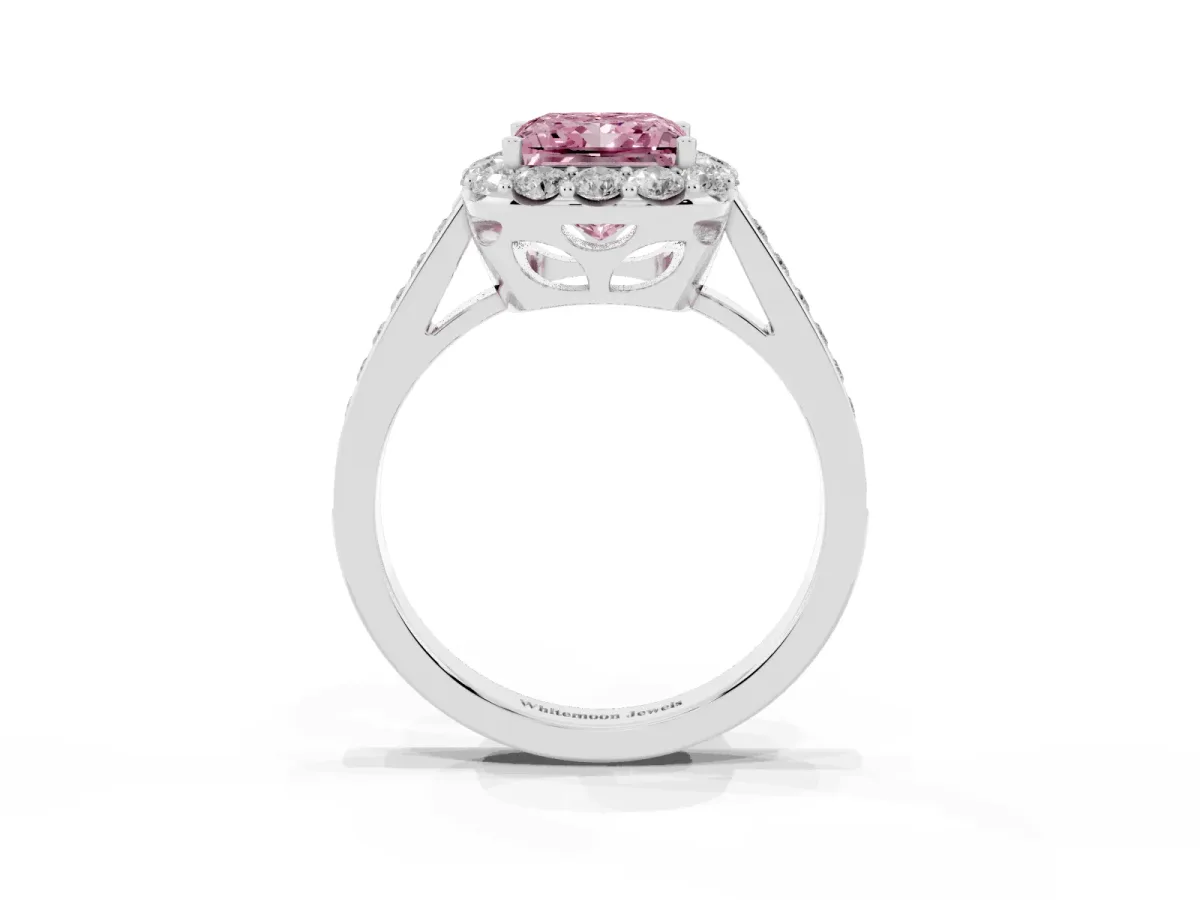 Fancy Pink Princess Cut Diamond Floral Halo Ring with Pavé Band and Prong Setting White gold