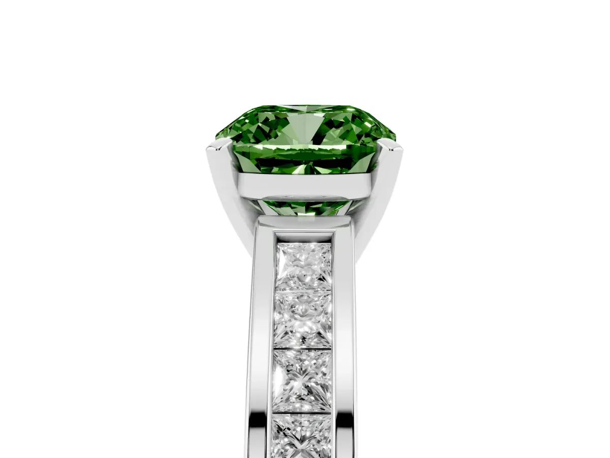 Fancy Green Cushion Cut Solitaire Diamond Ring with Channel-Set Band and Four-Prong Setting White gold