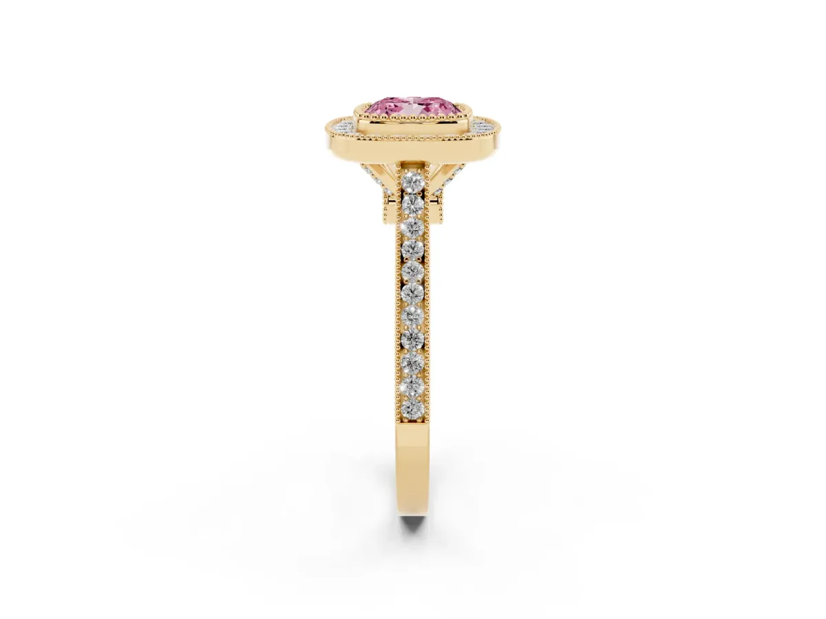Fancy Pink Cushion Cut Diamond Halo Ring with Milgrain Frame and Pavé Band Yellow gold