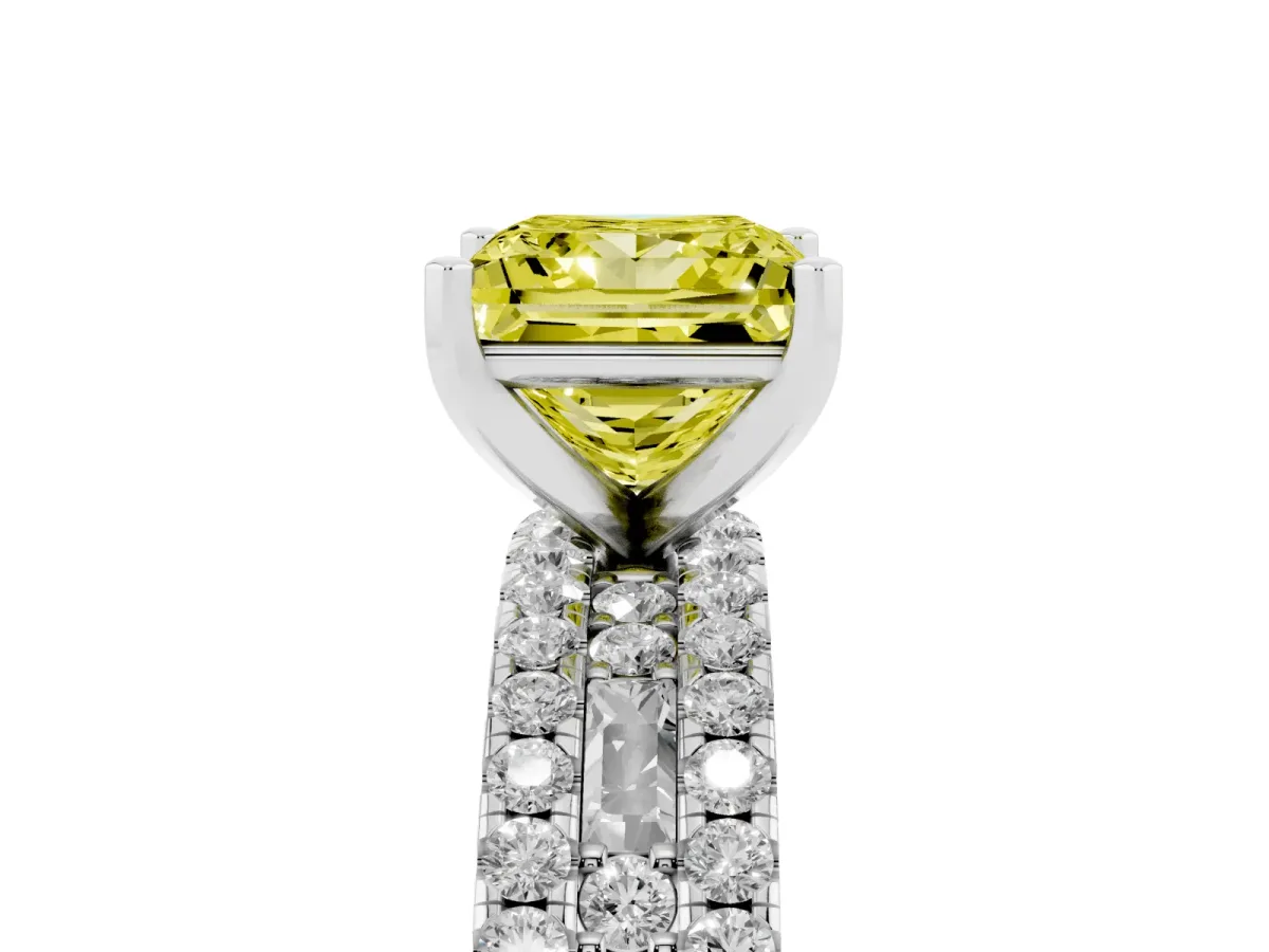Fancy Yellow Princess Cut Diamond Solitaire Ring with Pavé and Channel Set Band Silver