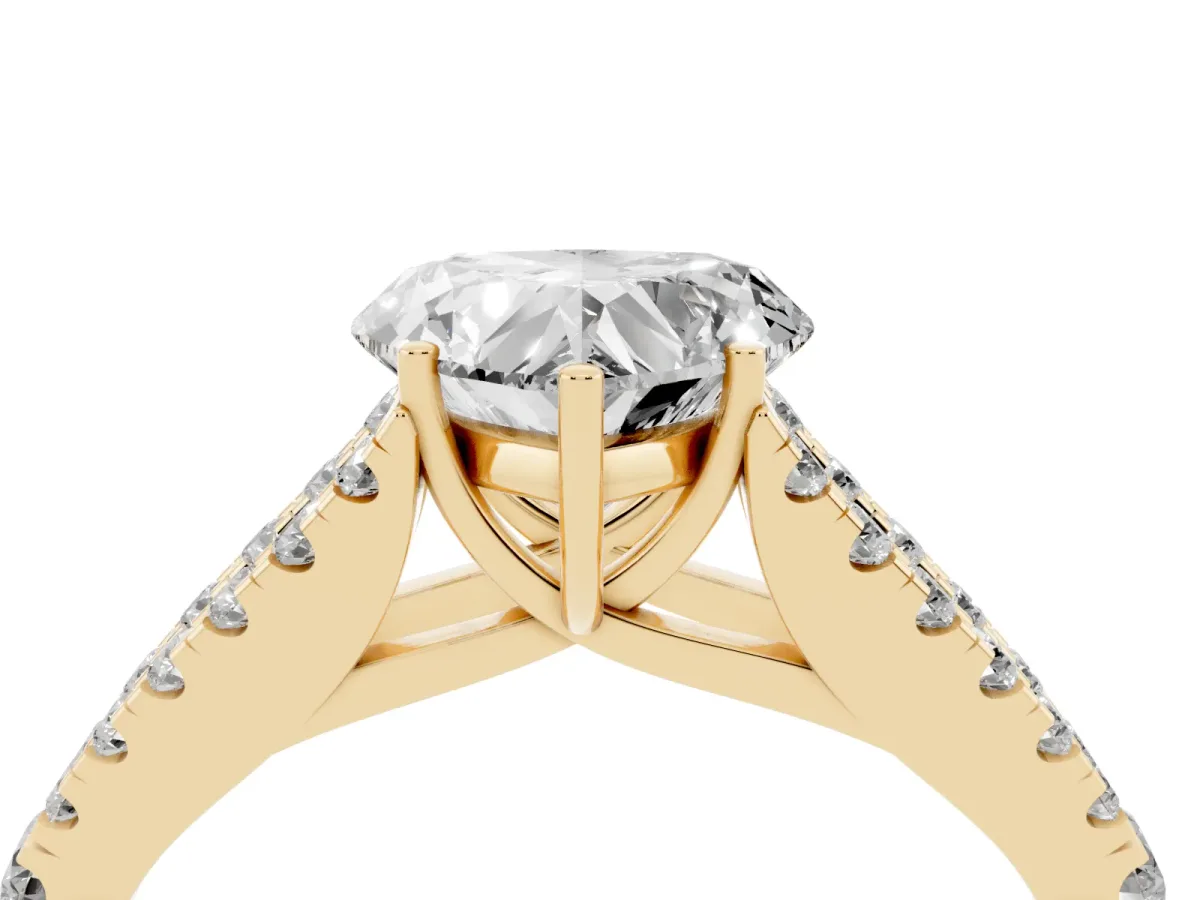 Heart Cut Diamond Split Shank Engagement Ring with Round Pavé and Prong Setting Yellow gold