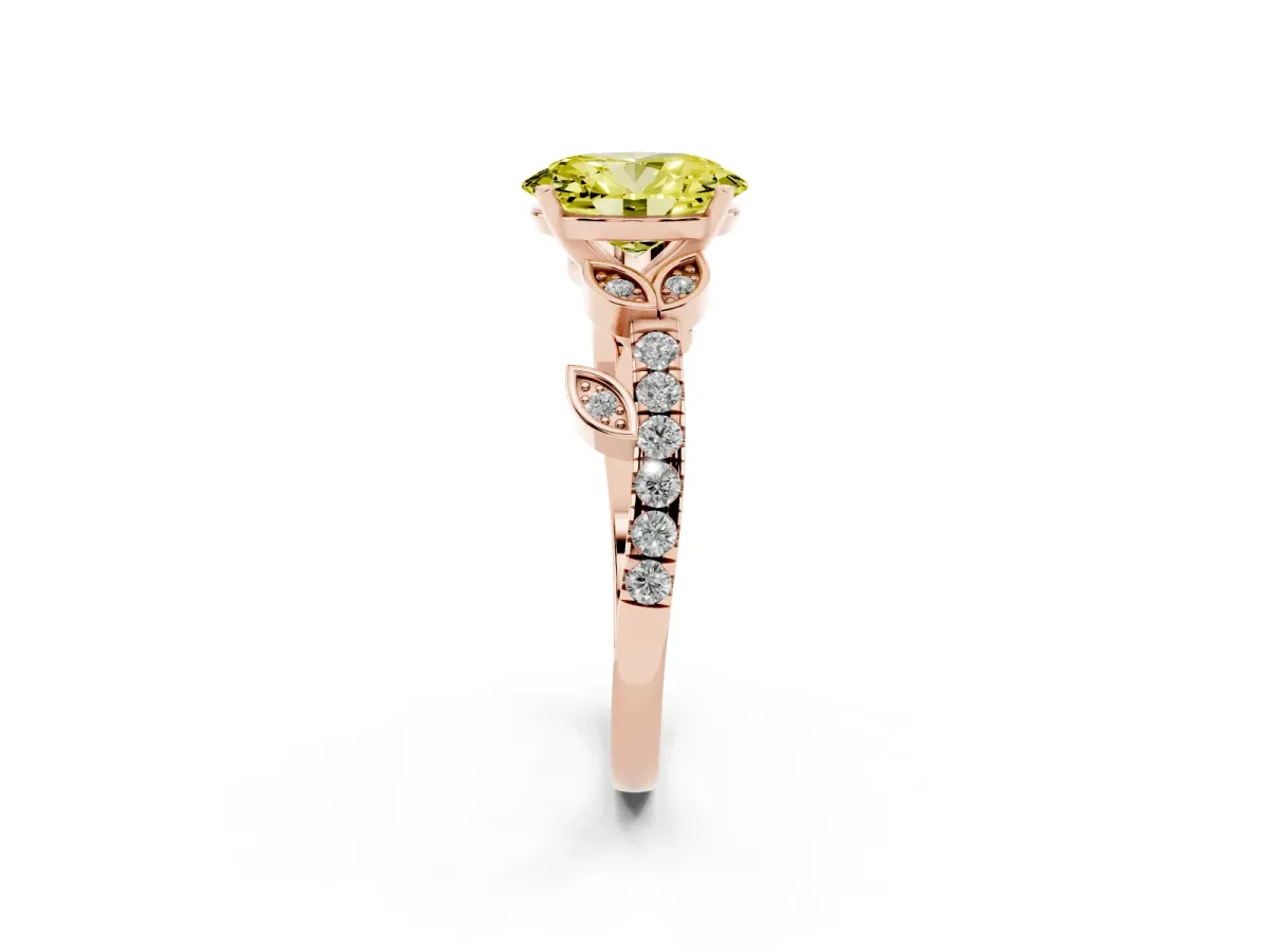 Fancy Yellow Oval Cut Solitaire Leaf-Inspired Diamond Ring with Pavé Band and Four-Prong Setting Rose gold