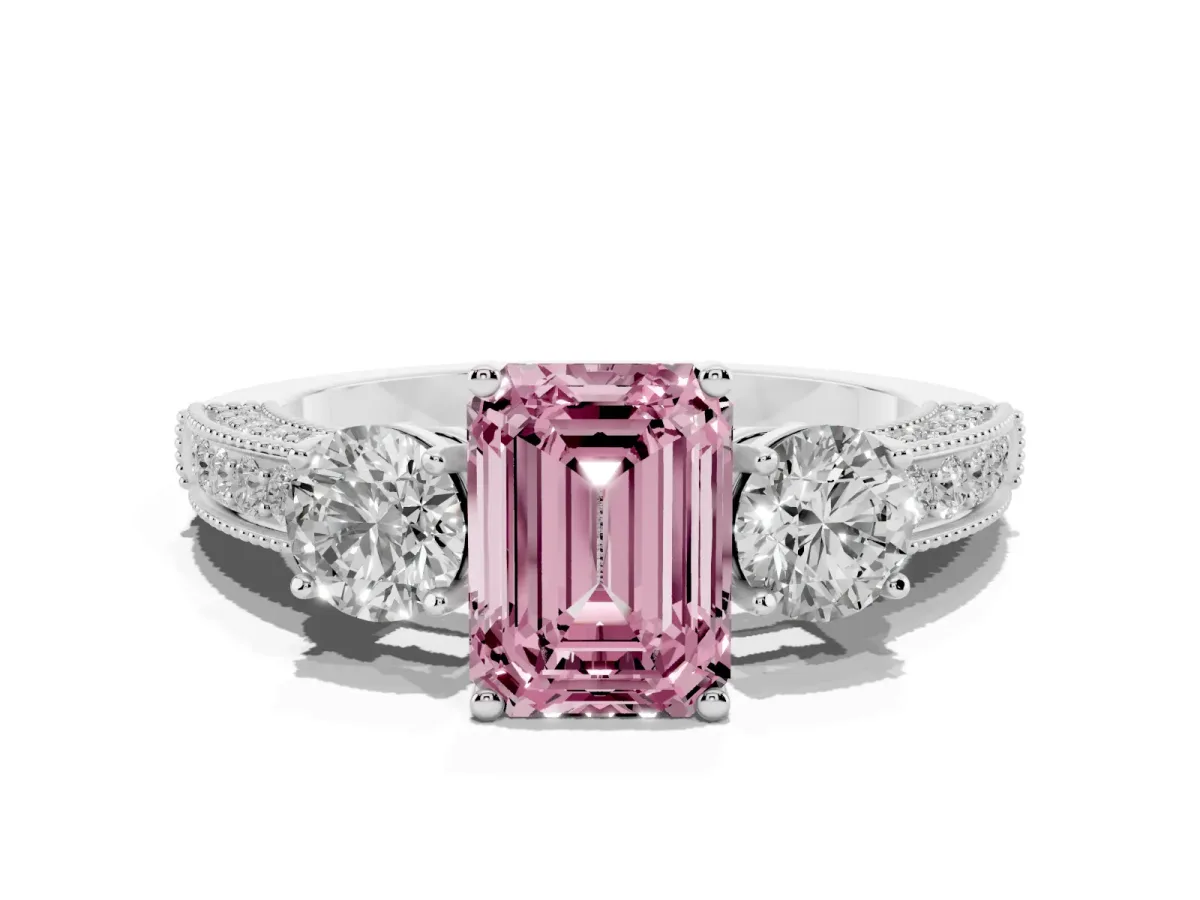 Fancy Pink Emerald Cut Three-Stone Diamond Ring with Pavé Band and Four-Prong Setting Platinum