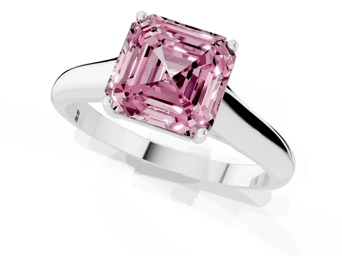 Fancy Pink Asscher Cut Solitaire Engagement Ring with Tapered Band and Four-Prong Setting Platinum