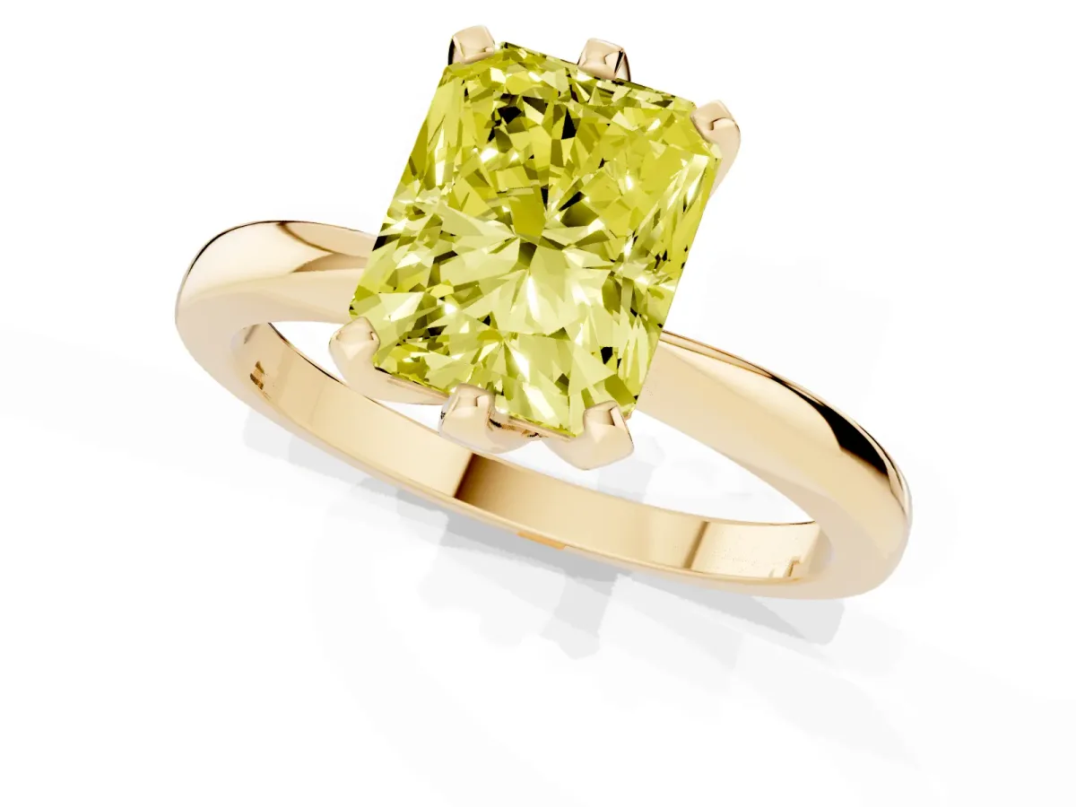 Fancy Yellow Radiant Cut Solitaire Engagement Ring with Six-Prong Setting and Tapered Band Yellow gold