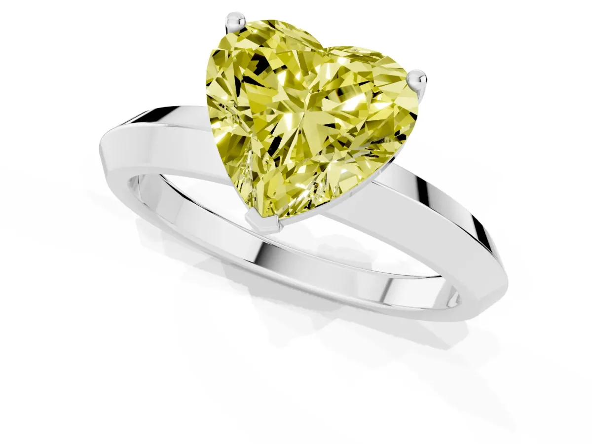 Fancy Yellow Heart Cut Cut Solitaire Engagement Ring with Flat Band and Four-Prong Setting Silver
