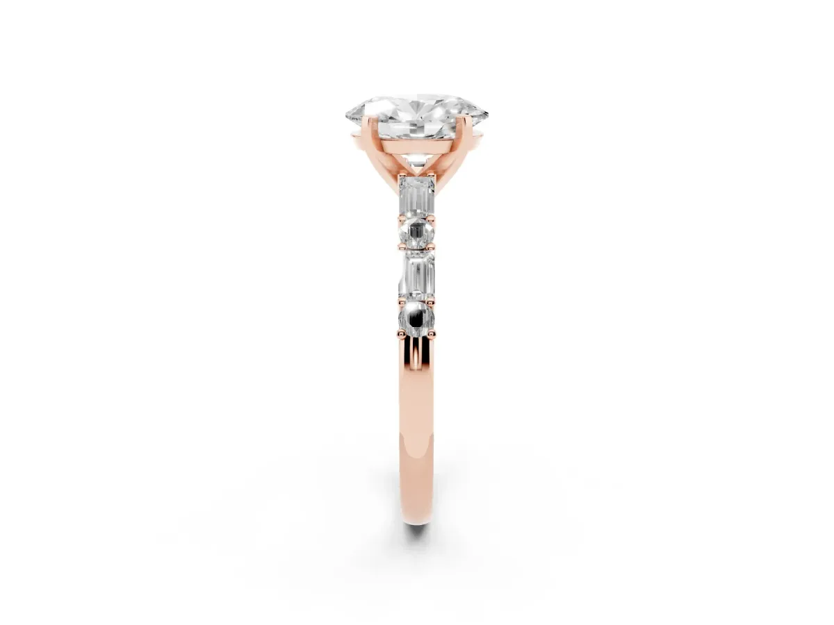 Oval Cut Diamond Solitaire with Side Baguettes and Channel Set Band Rose gold