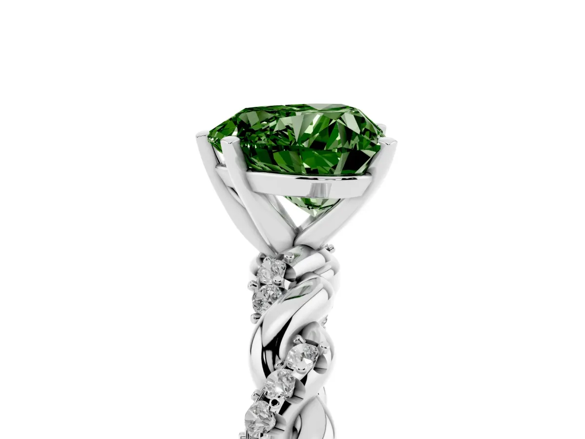 Fancy Green Heart Cut Diamond Solitaire Ring with Twisted Band and Pavé Accents Silver