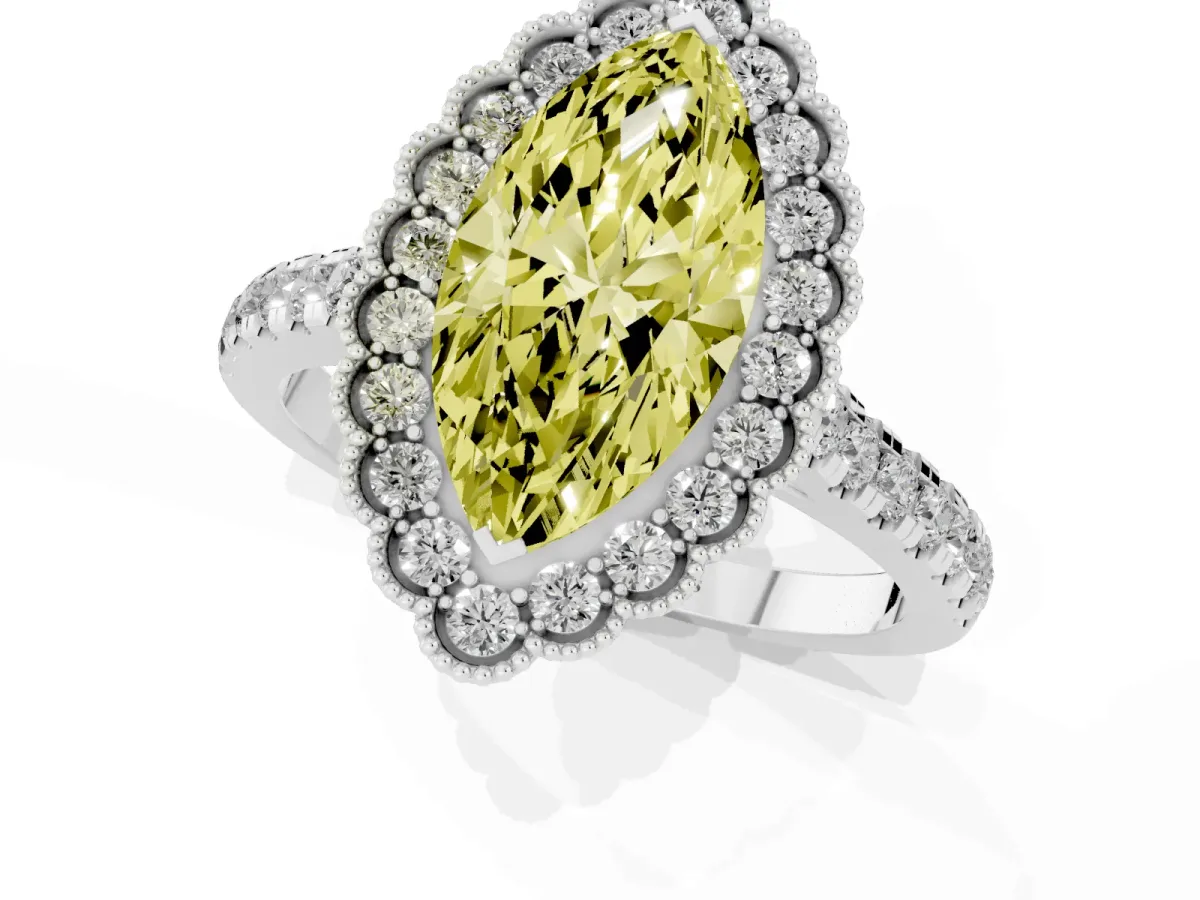 Fancy Yellow Marquise Cut Cut Diamond Milgrain Floral Halo Engagement Ring with Pavé Band White gold