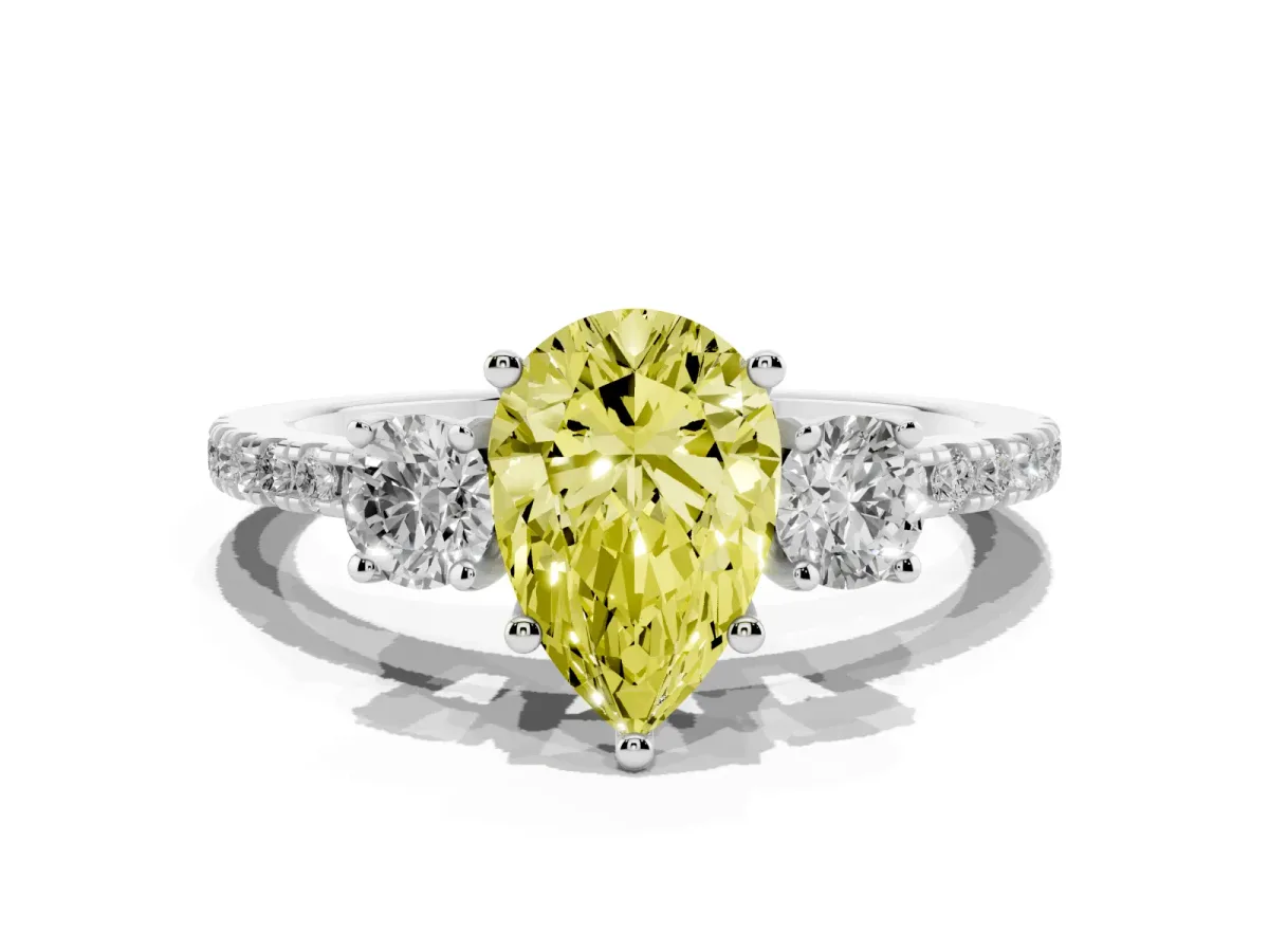 Fancy Yellow Three-Stone Pear Cut Cut Diamond Pavé Band with Prong Setting Silver