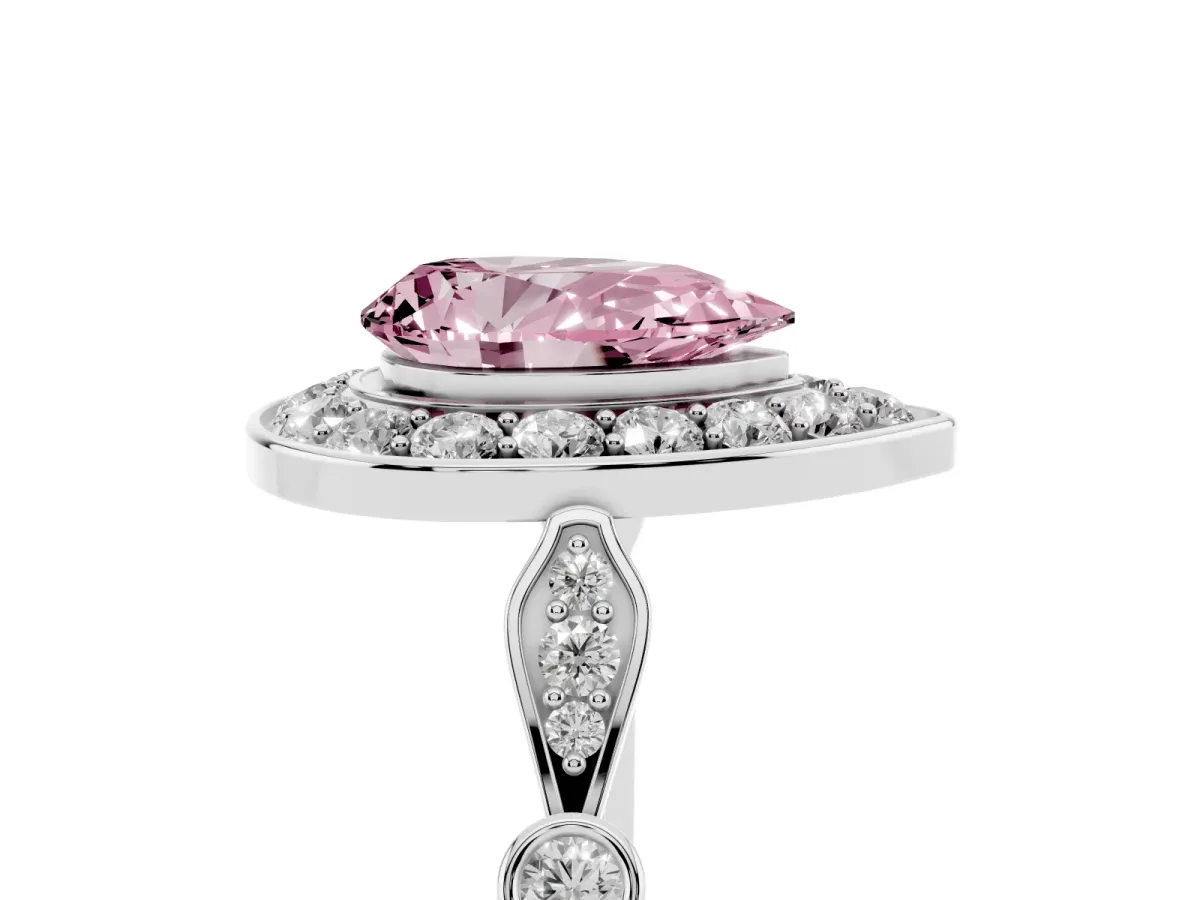 Fancy Pink Pear Cut Halo Diamond Engagement Ring with Twisted Band and Four-Prong Setting Silver