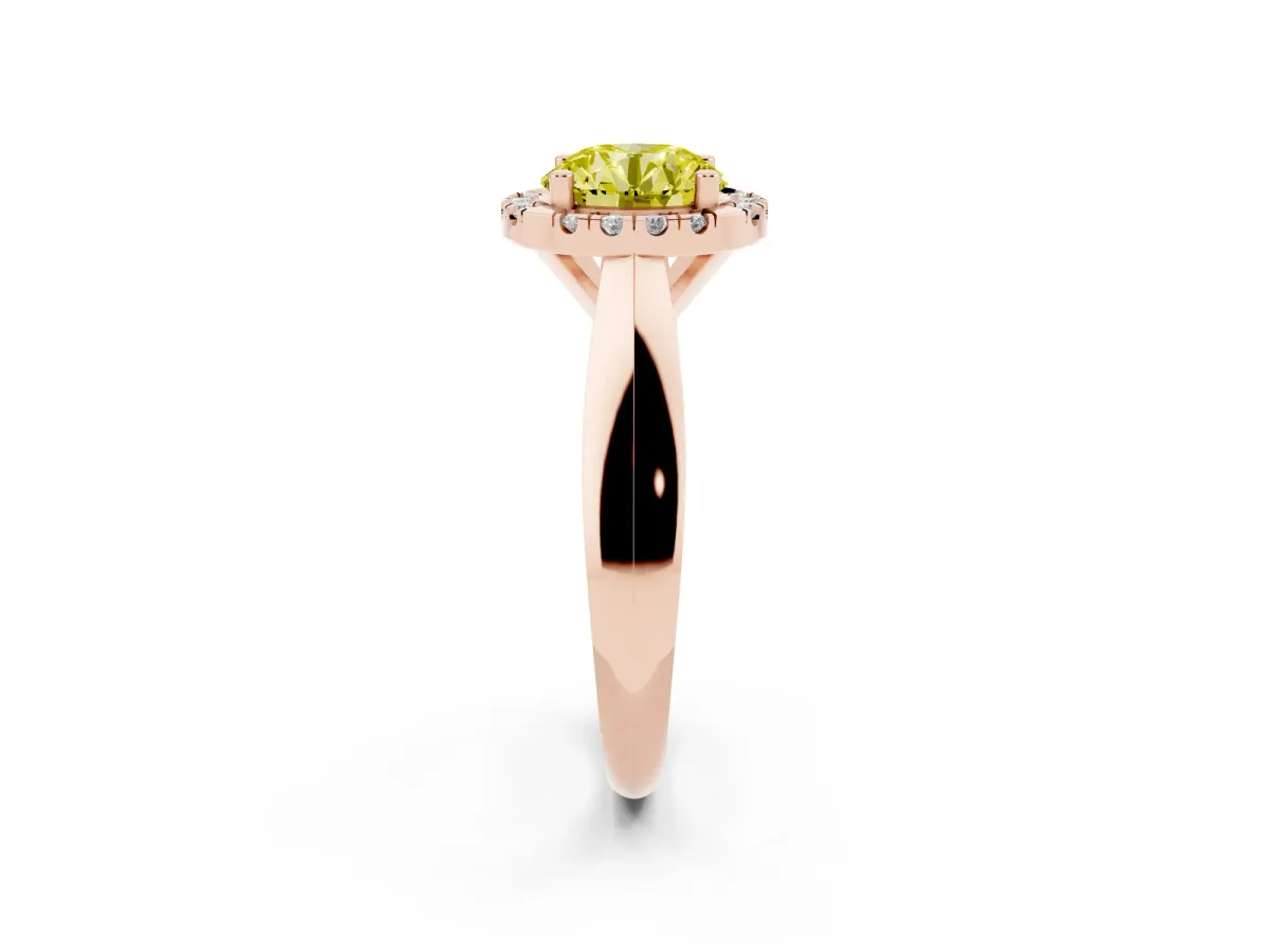 Fancy Yellow Round Cut Cut Halo Solitaire Engagement Ring with Square Band and Four-Prong Setting Rose gold