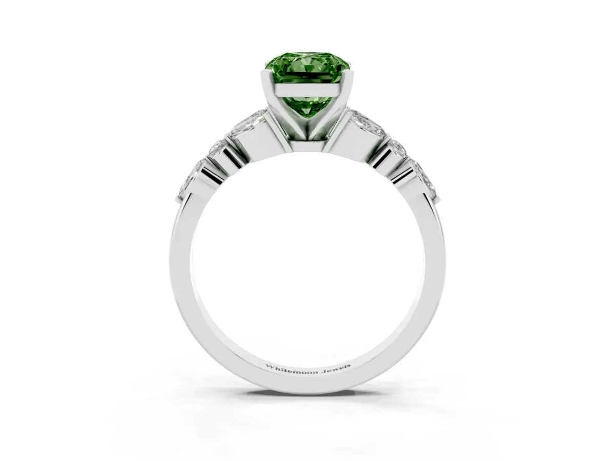 Fancy Green Radiant Cut Diamond Solitaire Ring with Side Stones and Four-Prong Setting Silver