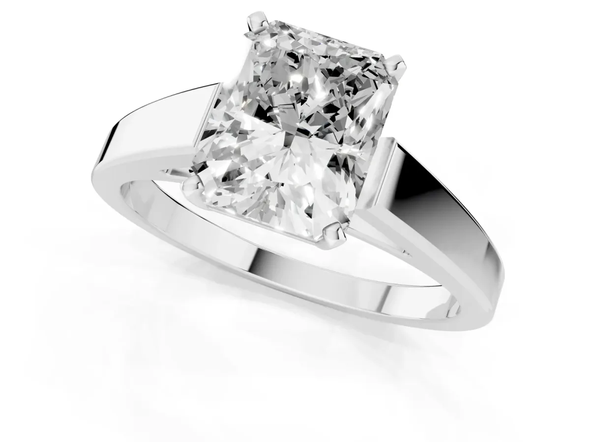 Radiant Cut Solitaire Engagement Ring with Four-Prong Setting and Tapered Band Silver