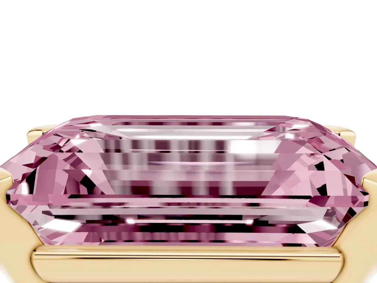 Fancy Pink Emerald Cut Diamond Solitaire Ring with Prong Setting and Classic Band Yellow gold