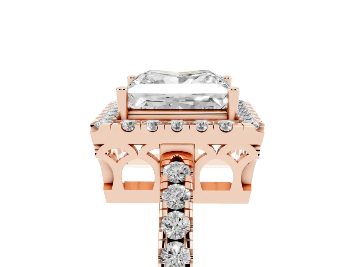 Princess Cut Halo Diamond Engagement Ring with Pavé Band and Four-Prong Setting Rose gold