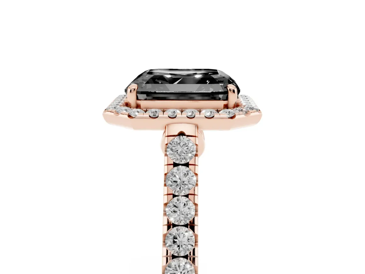 Fancy Black Asscher Cut Halo Pave Diamond Engagement Ring with Four-Prong Setting Rose gold