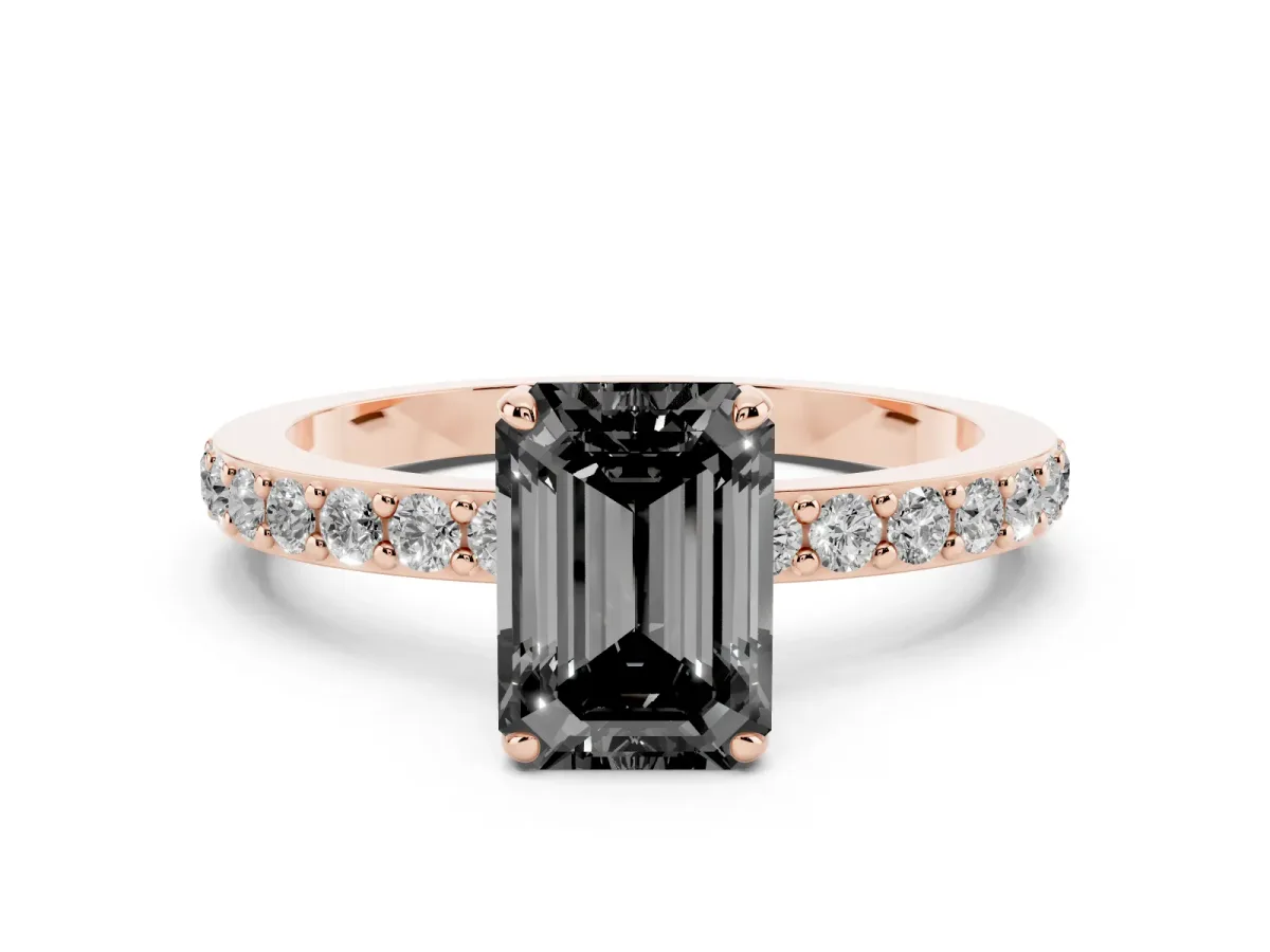 Fancy Black Emerald Cut Diamond Pavé Engagement Ring with Round Accents and Prong Setting Rose gold