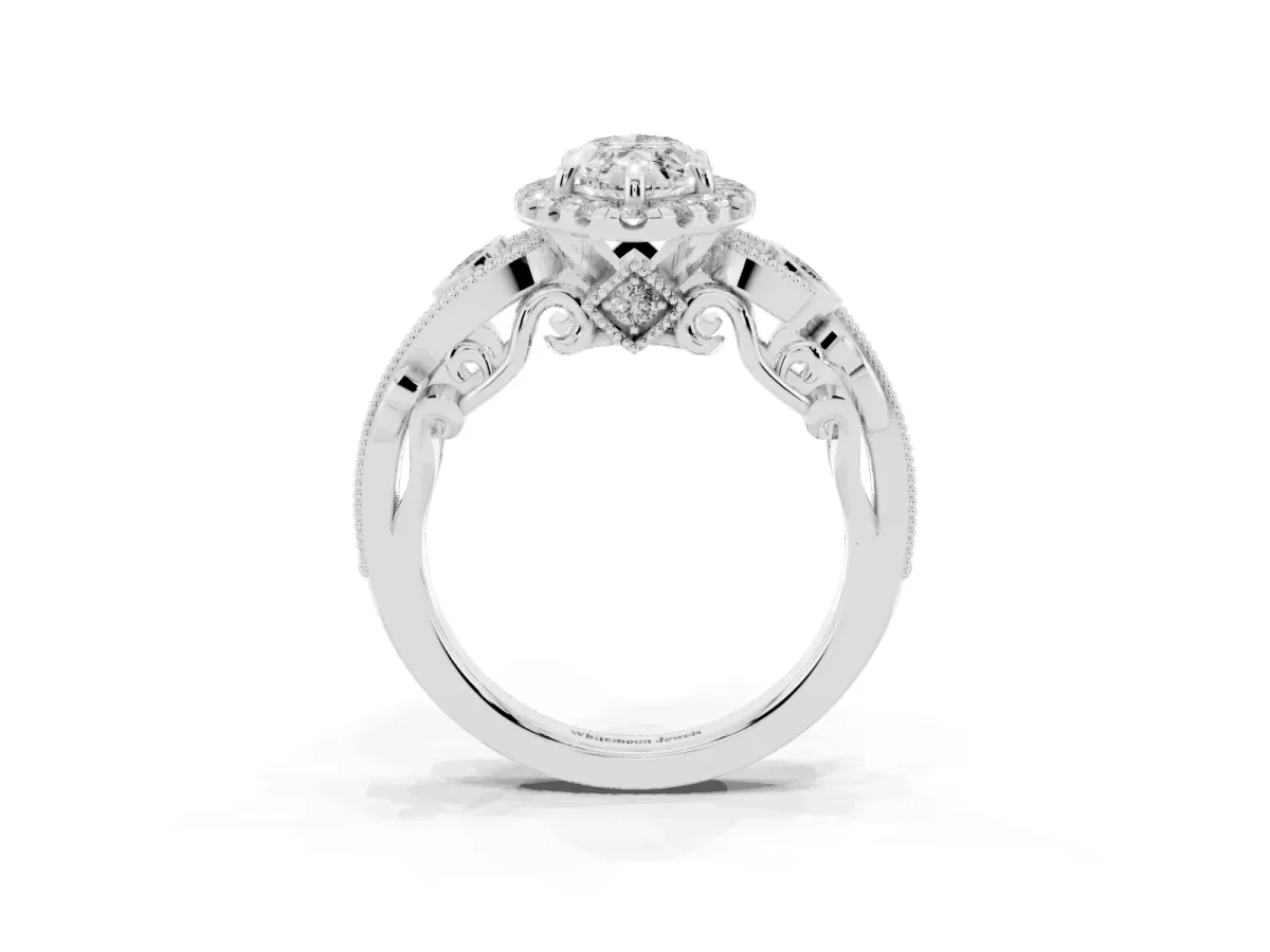 Marquise Cut Diamond Halo Ring with Milgrain Pavé Band and Four-Prong Setting White gold