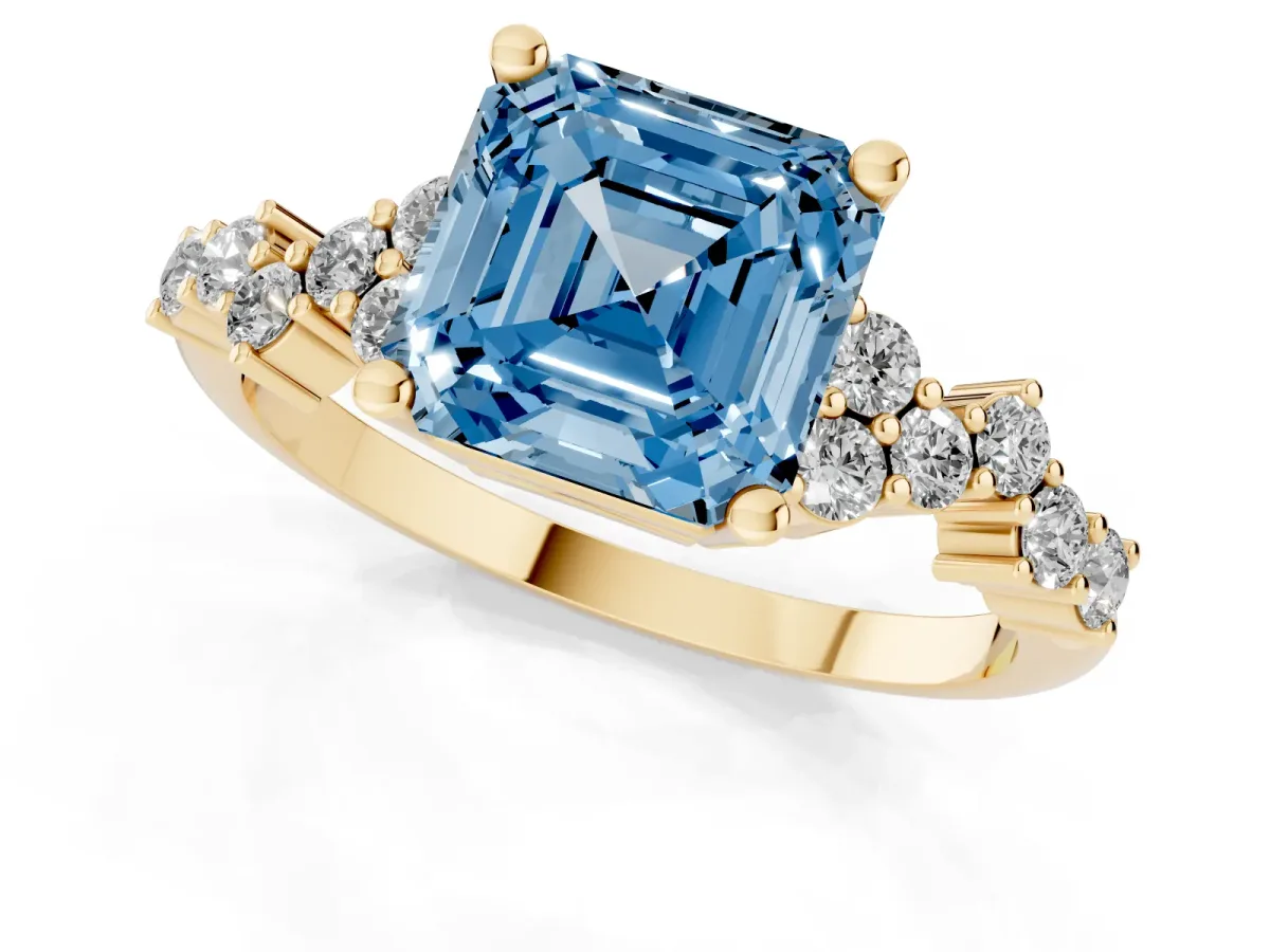 Fancy Blue Asscher Cut Diamond Scattered Round Accent Ring with Prong Setting Yellow gold