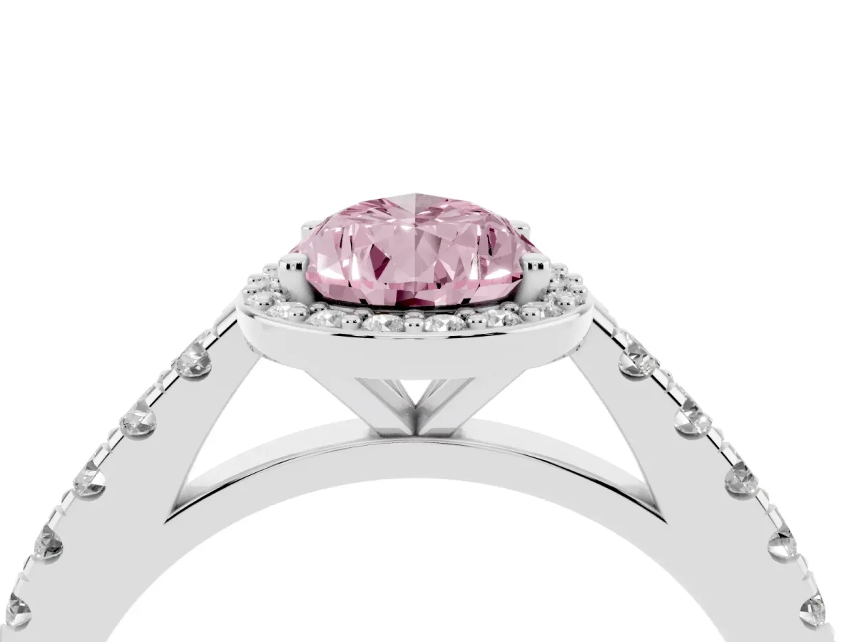 Fancy Pink Pear Cut Cut Halo Diamond Engagement Ring with Pave Band and Four-Prong Setting Platinum