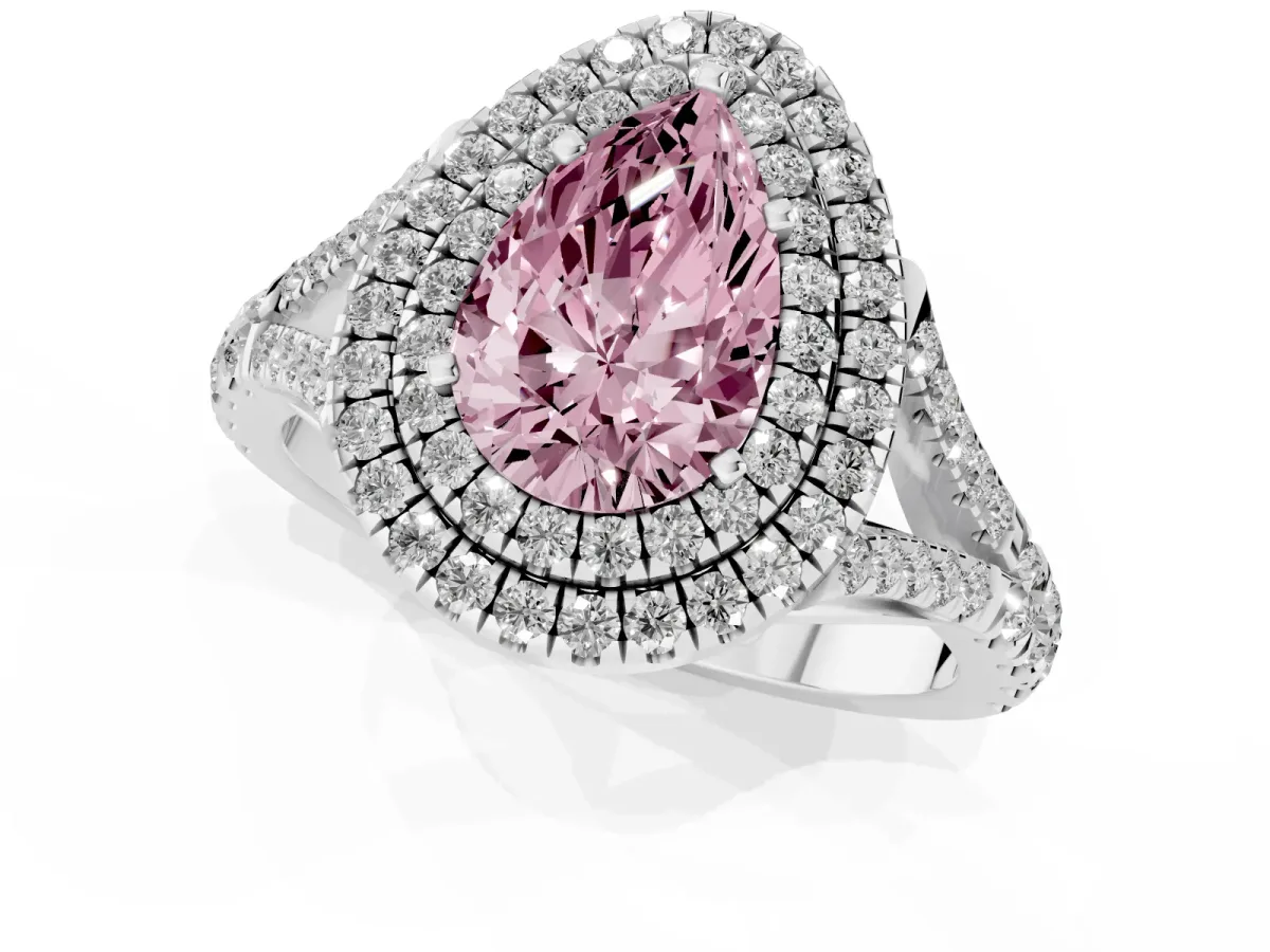 Fancy Pink Pear Cut Cut Double Halo Split Shank Diamond Ring with Prong Setting Silver